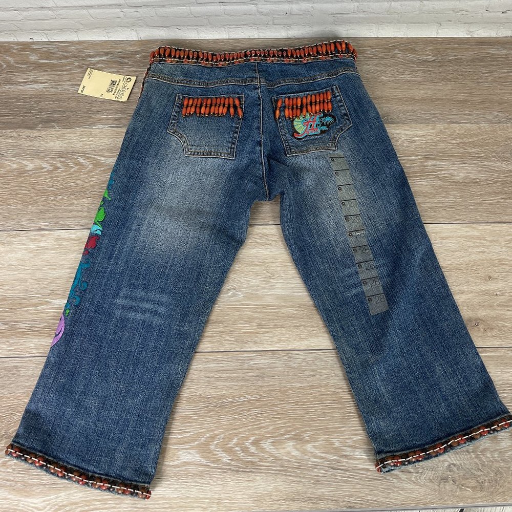 NWT AKDMKS WOMEN'S BAMBOO CAPRI BOHO HIPPIE BEADED JEANS SIZE 28 - Picture 16 of 16